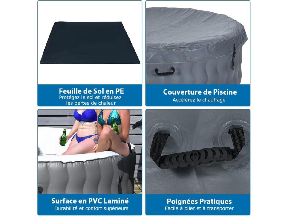 vente unique Spa Gonflable 2 à 4 Personnes 180 x 68 CM Spa Rond Portable avec 108 Jets de Massage Filtration à Cartouche et Bâche de Protection pour Le Spa Gris (avec Appui-tête et Porte-gobelet)