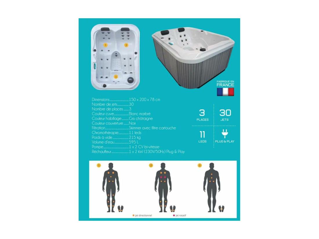 Vente Unique Spa Rigide Gris Et Blanc Marbré Jets Et Leds Costa (3 Places Dont 2 Allongées)