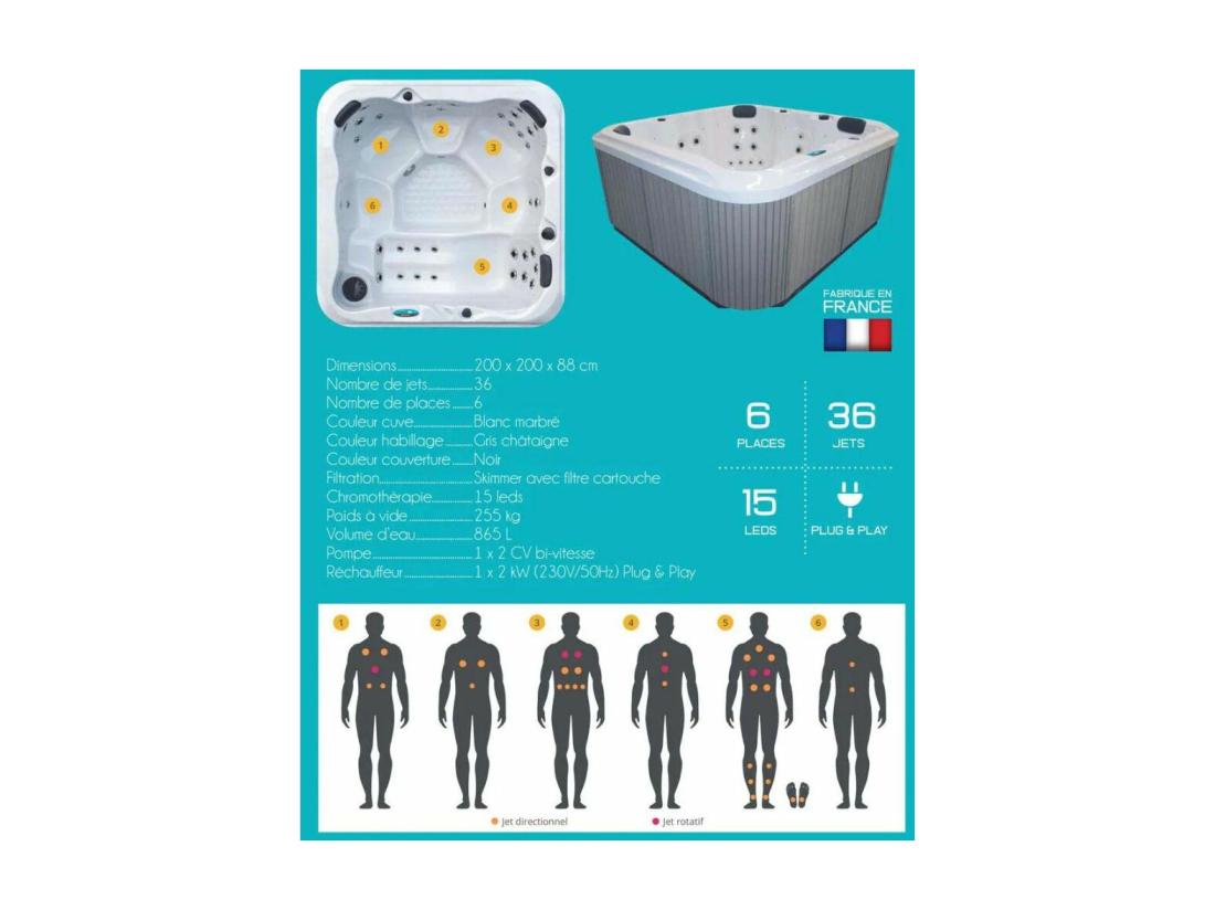 Vente Unique Spa Rigide Gris Et Blanc Marbré Jets Et Leds Florida (6 Places Dont 1 Allongée)
