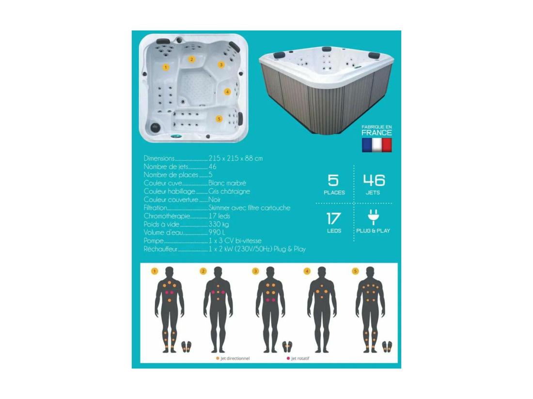 Vente Unique Spa Rigide Gris Et Blanc Marbré Jets Et Leds Ornella (5 Places Dont 2 Allongées)