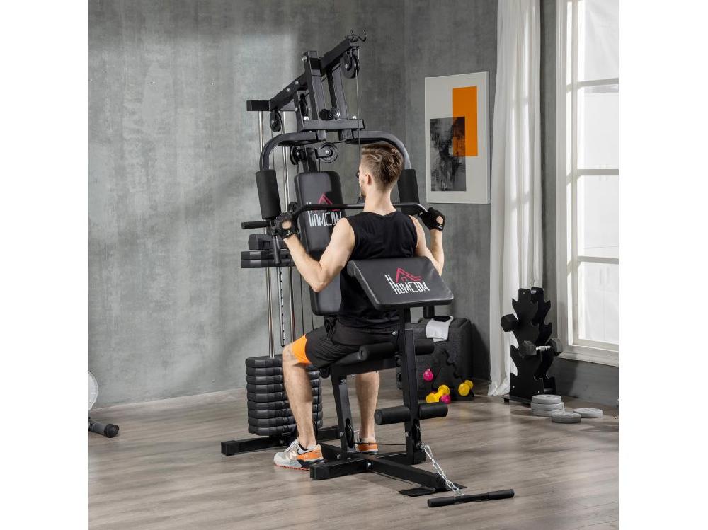 Vente Unique Station De Musculation - Entrainement Complet - Développé Couché Butterfly Barre Latissimus Curler Bande Résistance - 11 Contrepoids - Acier Noir