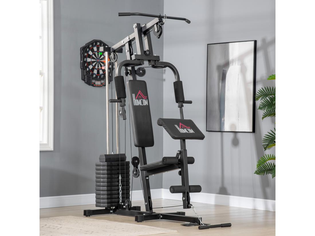 Vente Unique Station De Musculation - Entrainement Complet - Développé Couché Butterfly Barre Latissimus Curler Bande Résistance - 11 Contrepoids - Acier Noir