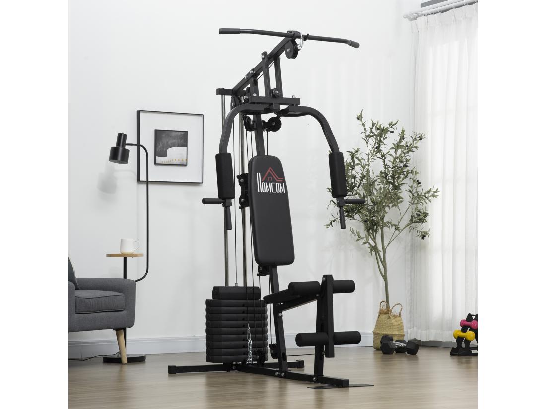 Vente Unique Station De Musculation - Entrainement Complet - Développé Couché Butterfly Barre Latissimus Curler - 9 Contrepoids - Acier Noir