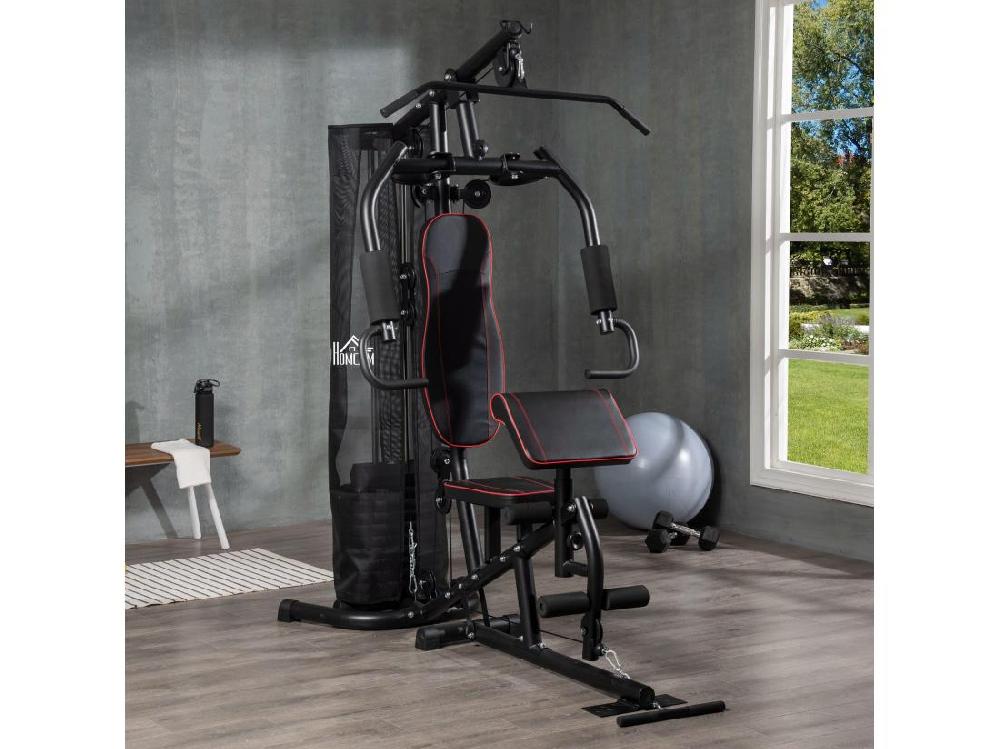 Vente Unique Station De Musculation - Entrainement Complet - Développé Couché Butterfly Barre Latissimus Curler Bande Résistance 10 Contrepoids - Acier Noir Rouge