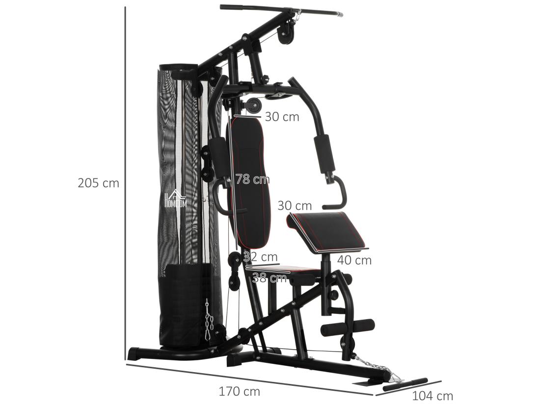Vente Unique Station De Musculation - Entrainement Complet - Développé Couché Butterfly Barre Latissimus Curler Bande Résistance 10 Contrepoids - Acier Noir Rouge