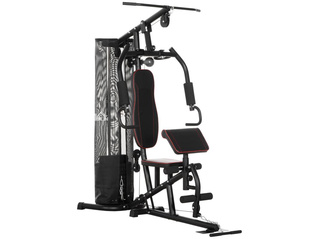 Vente Unique Station De Musculation - Entrainement Complet - Développé Couché Butterfly Barre Latissimus Curler Bande Résistance 10 Contrepoids - Acier Noir Rouge