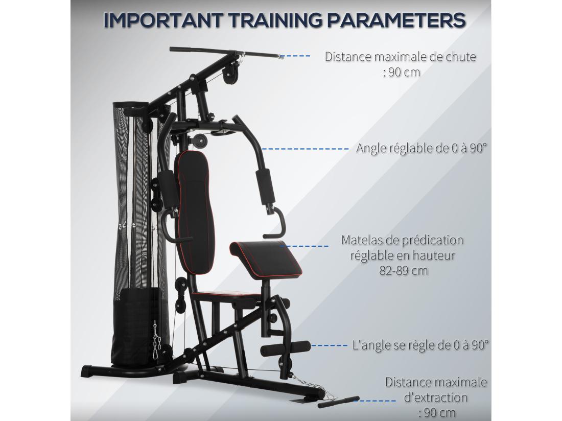 vente unique Station de musculation - entrainement complet - développé couché butterfly barre latissimus curler bande résistance 10 contrepoids - acier noir rouge