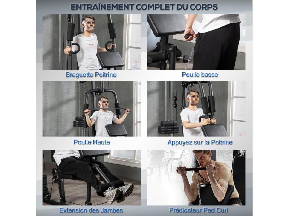 Vente Unique Station De Musculation - Entrainement Complet - Développé Couché Butterfly Barre Latissimus Curler Bande Résistance - 9 Contrepoids - Acier Noir