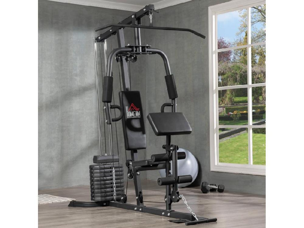 vente unique Station de musculation - entrainement complet - développé couché butterfly barre latissimus curler bande résistance - 9 contrepoids - acier noir