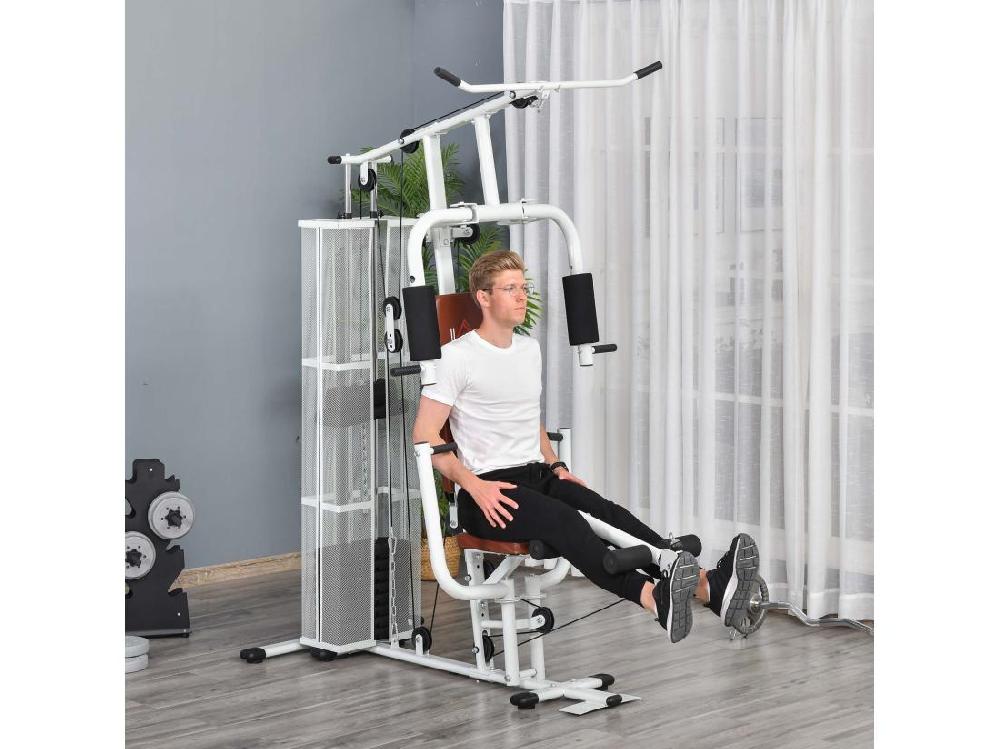 Vente Unique Station De Musculation - Entrainement Complet - Développé Couché Butterfly Barre Latissimus Curler Bande Résistance - 10 Contrepoids - Acier Blanc