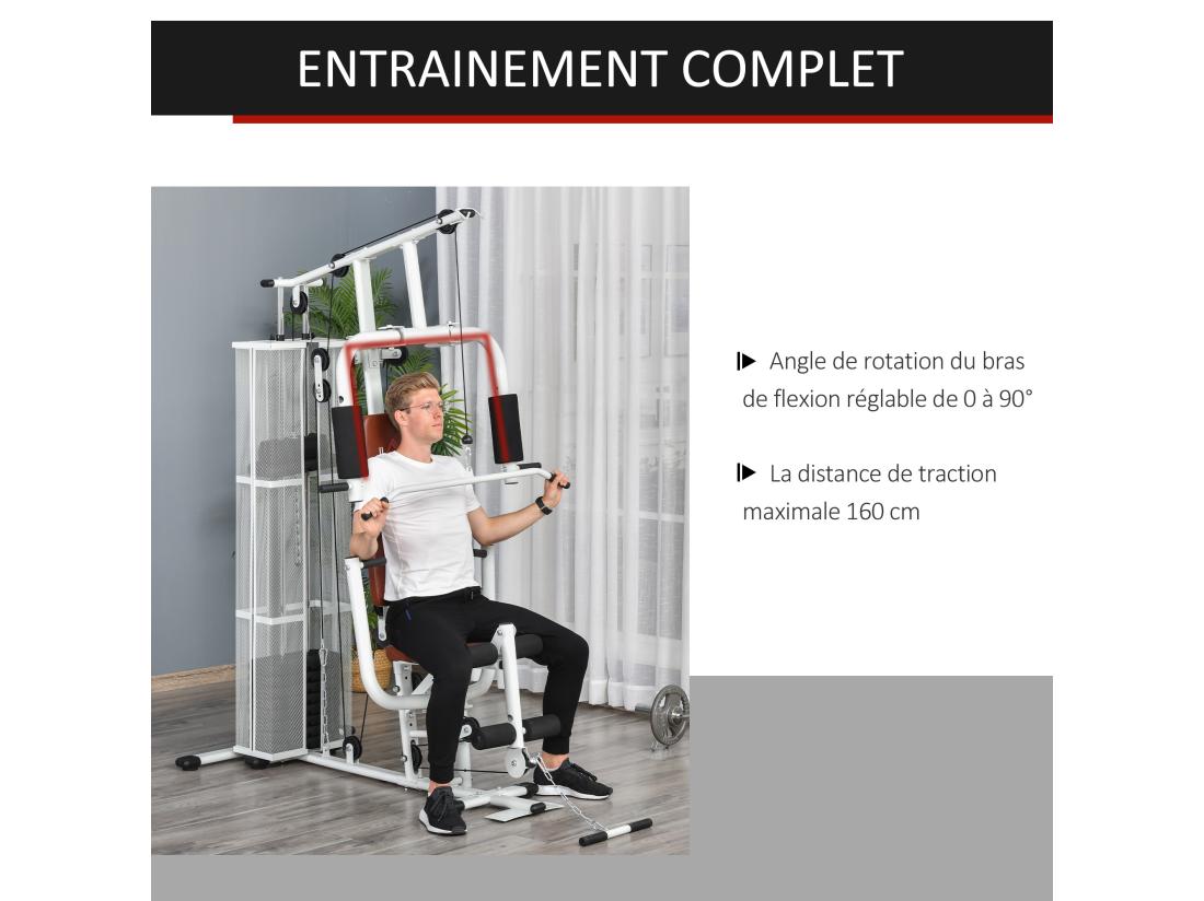 Vente Unique Station De Musculation - Entrainement Complet - Développé Couché Butterfly Barre Latissimus Curler Bande Résistance - 10 Contrepoids - Acier Blanc