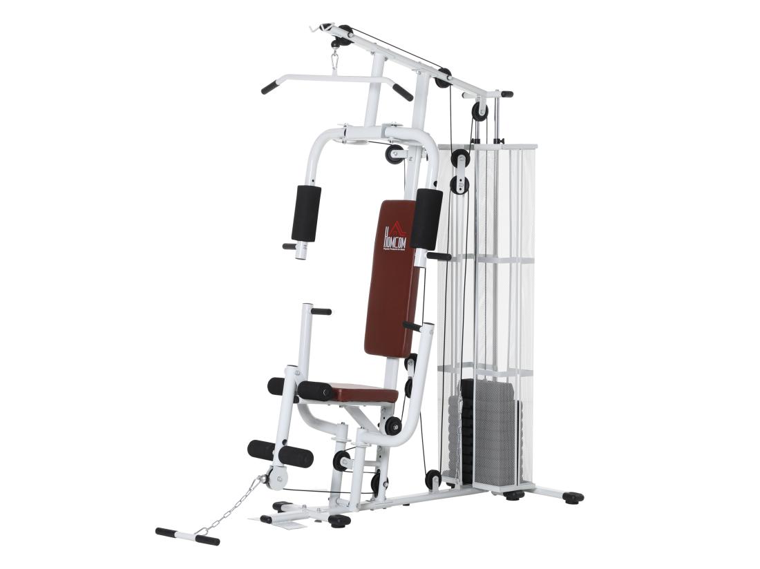 Vente Unique Station De Musculation - Entrainement Complet - Développé Couché Butterfly Barre Latissimus Curler Bande Résistance - 10 Contrepoids - Acier Blanc