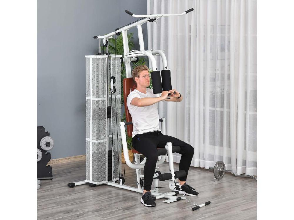 vente unique Station de musculation - entrainement complet - développé couché butterfly barre latissimus curler bande résistance - 10 contrepoids - acier blanc