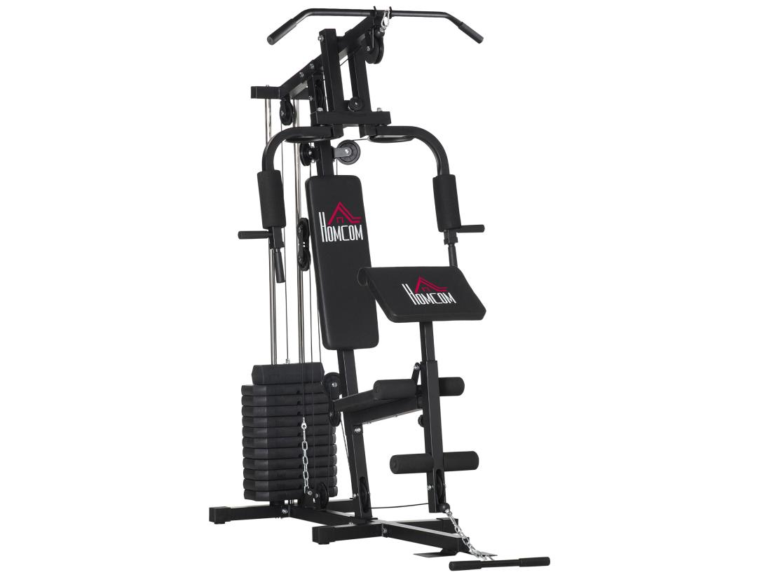 vente unique Station de musculation - entrainement complet - développé couché butterfly barre latissimus curler bande résistance - 11 contrepoids - acier noir