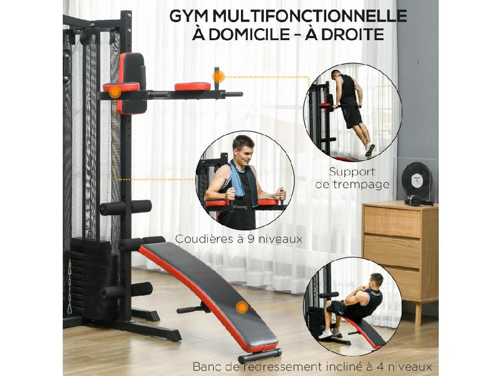 Vente Unique Station De Musculation Multi-équipement - Collaboration Aosom.fr X FFHandball - 10 Contrepoids - Acier Noir Rouge