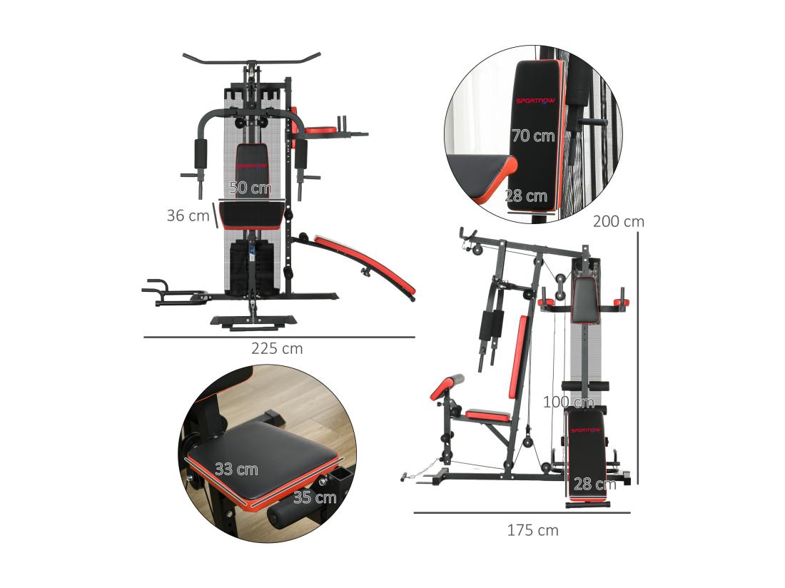 Vente Unique Station De Musculation Multi-équipement - Collaboration Aosom.fr X FFHandball - 10 Contrepoids - Acier Noir Rouge