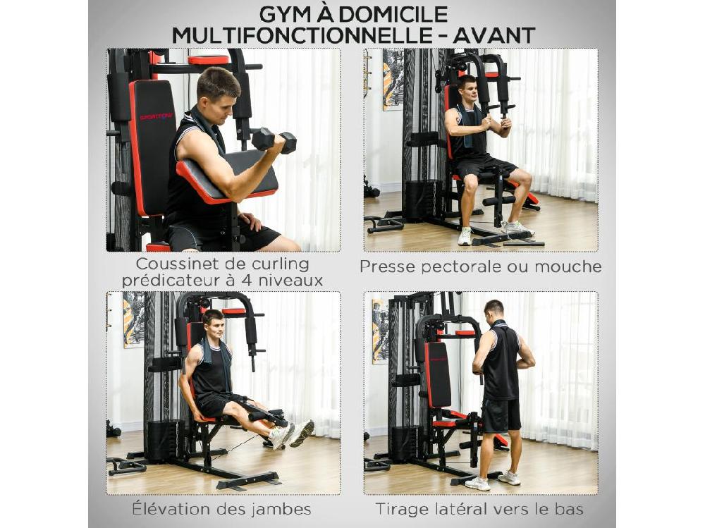 Vente Unique Station De Musculation Multi-équipement - Collaboration Aosom.fr X FFHandball - 10 Contrepoids - Acier Noir Rouge