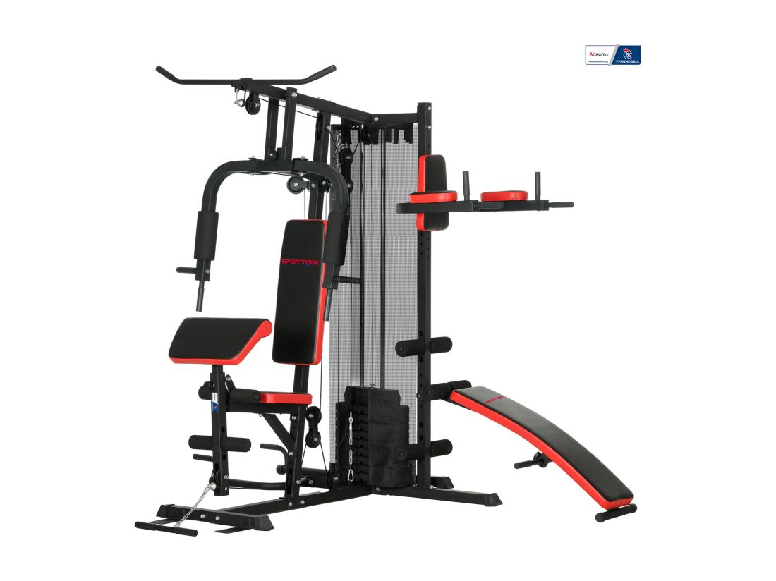 vente unique Station de musculation multi-équipement - collaboration Aosom.fr x FFHandball - 10 contrepoids - acier noir rouge