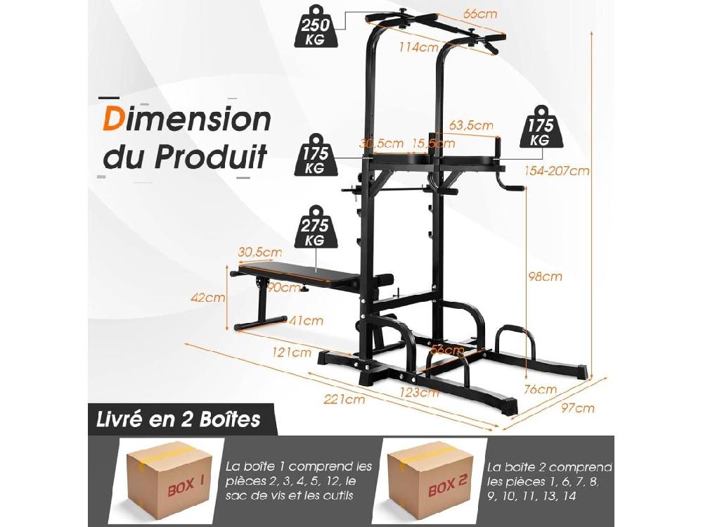 Vente Unique Station De Traction Musculation 7 Hauteurs 154-207CM Avec Banc Pliable Fitness Barre De Traction Charge 250kg