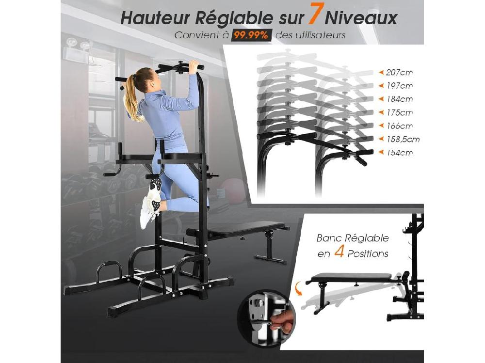 Vente Unique Station De Traction Musculation 7 Hauteurs 154-207CM Avec Banc Pliable Fitness Barre De Traction Charge 250kg