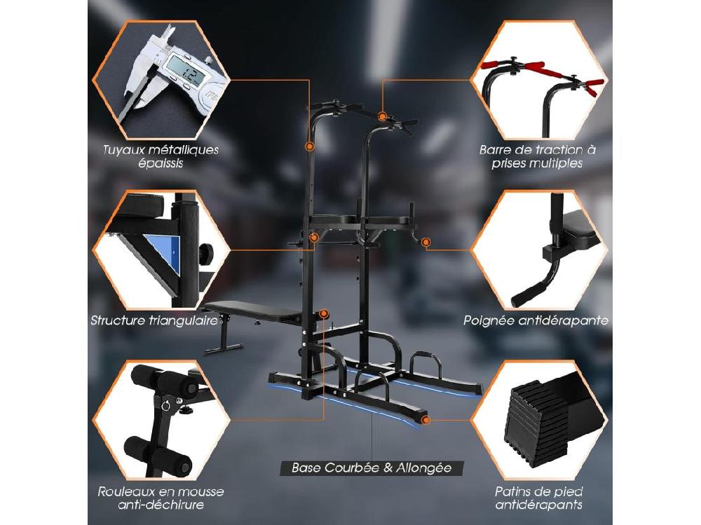 vente unique Station de Traction Musculation 7 Hauteurs 154-207CM avec Banc Pliable Fitness Barre de Traction Charge 250kg