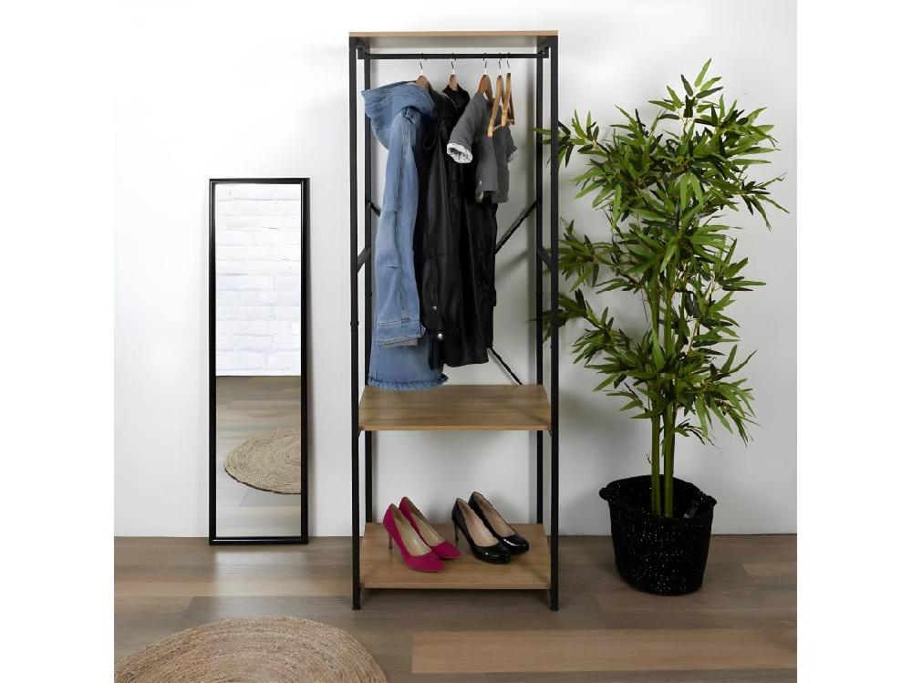 Vente Unique STAVI - Portant Avec Etagères Métal Noir Plateaux Effet Bois