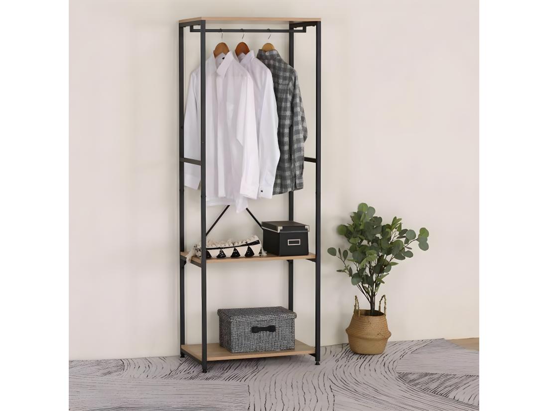 vente unique STAVI - Portant avec Etagères Métal Noir Plateaux Effet Bois