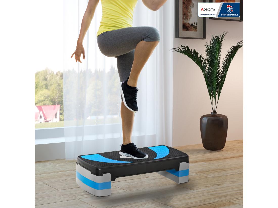Vente Unique Stepper Fitness Aerobic - Collaboration Aosom.fr X FFHandball - Hauteur Reglable Surface Antiderapante - Noir Bleu