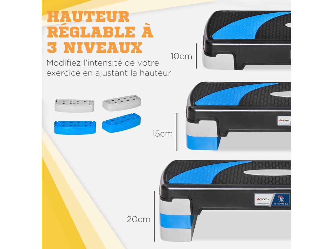 Vente Unique Stepper Fitness Aerobic - Collaboration Aosom.fr X FFHandball - Hauteur Reglable Surface Antiderapante - Noir Bleu