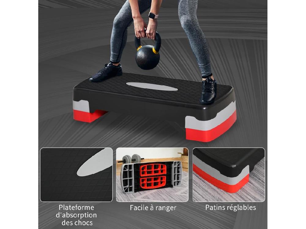 Vente Unique Stepper Fitness Aerobic Hauteur Reglable Surface Antiderapante Dim. 68L X 29l X 10-15H Cm Plastique Noir Gris Rouge