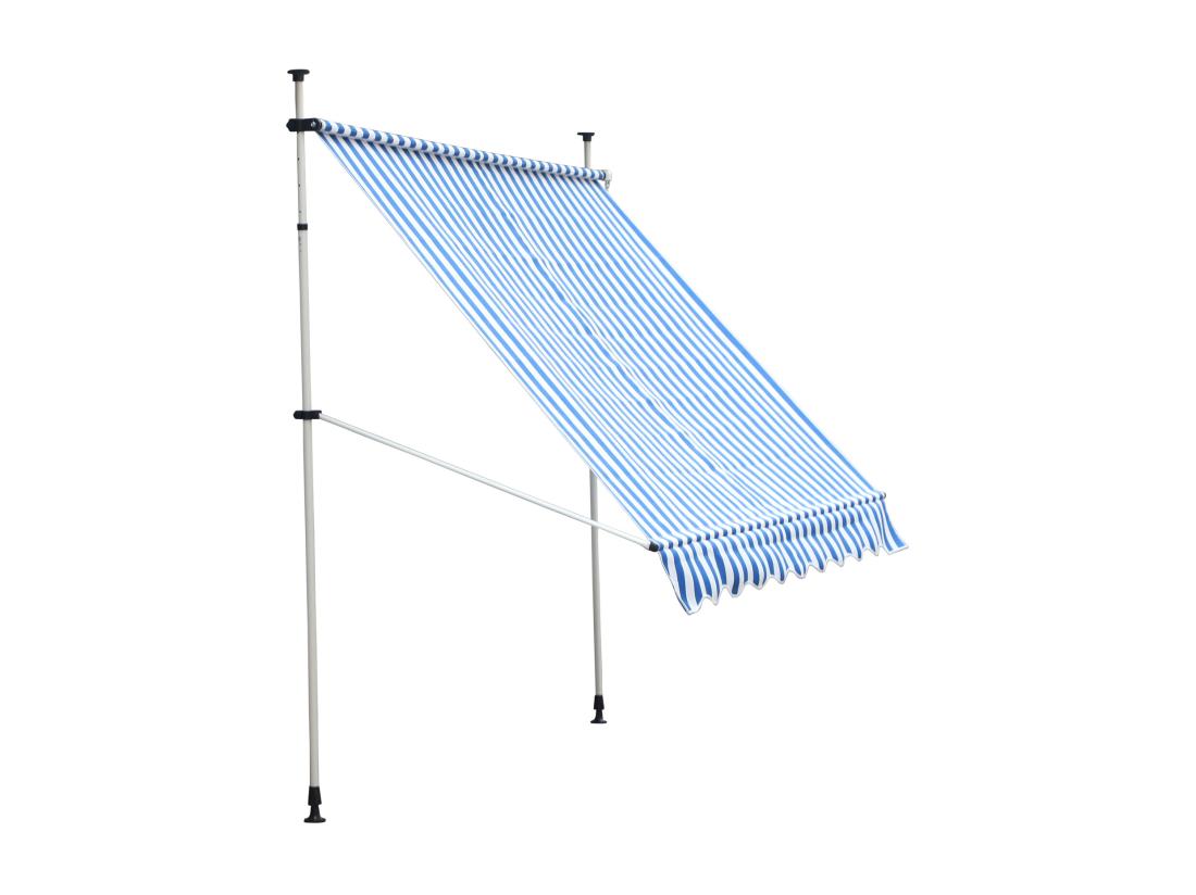 Vente Unique Store Banne Manuel Rétractable 2 5L X 1 5l X 2-3H M Inclinaison Réglable Installation Rapide Métal Alu Polyester Bleu Blanc Rayé