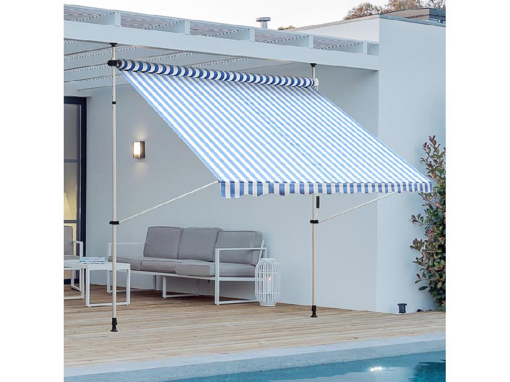 vente unique Store banne manuel rétractable 2 5L x 1 5l x 2-3H m inclinaison réglable installation rapide métal alu polyester bleu blanc rayé