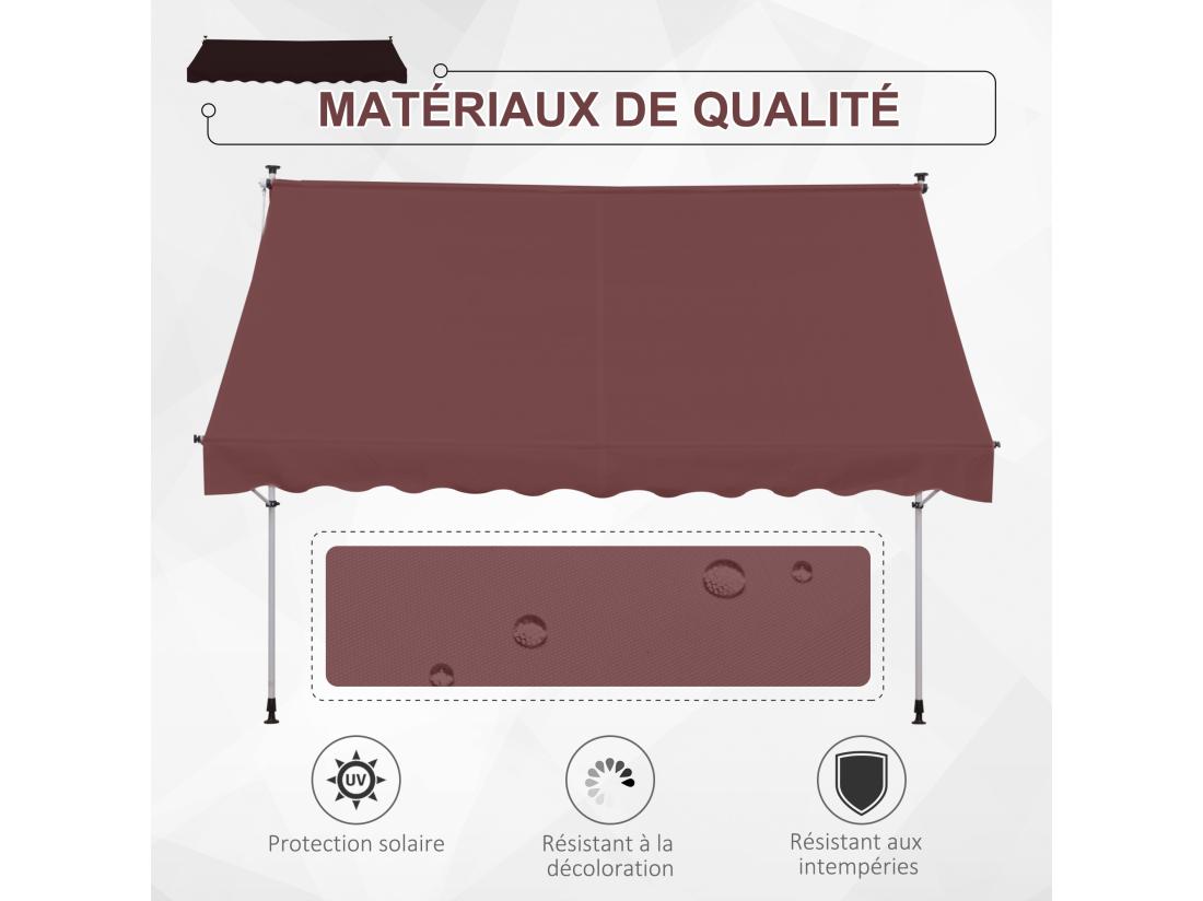 Vente Unique Store Banne Manuel Rétractable 3L X 1 5l M Inclinaison Et Hauteur Réglable Installation Rapide Métal Alu Polyester Anti-UV Bordeaux
