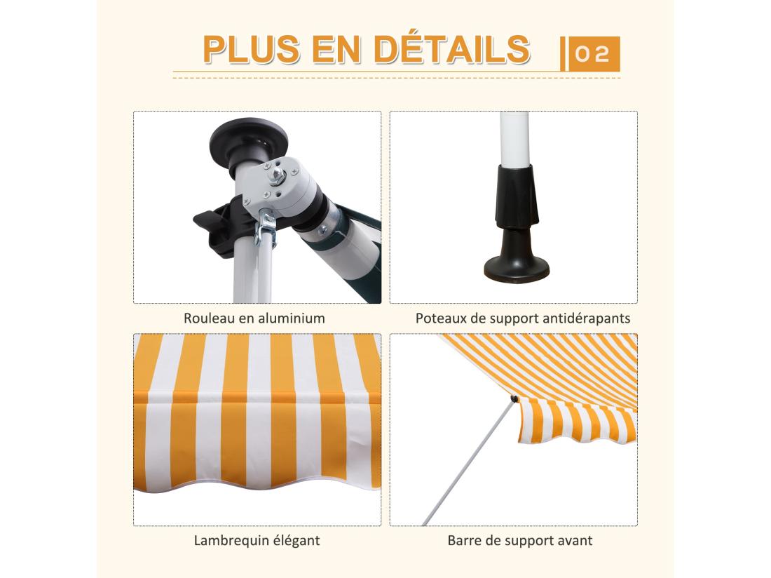 Vente Unique Store Banne Manuel Rétractable 3L X 1 5l M Inclinaison Et Hauteur Réglable Installation Rapide Métal Alu Polyester Anti-UV Jaune Blanc Rayé