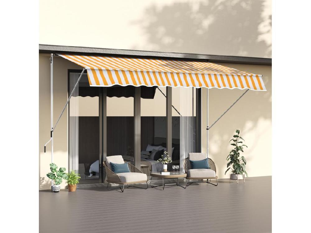 Vente Unique Store Banne Manuel Rétractable 3L X 1 5l M Inclinaison Et Hauteur Réglable Installation Rapide Métal Alu Polyester Anti-UV Jaune Blanc Rayé