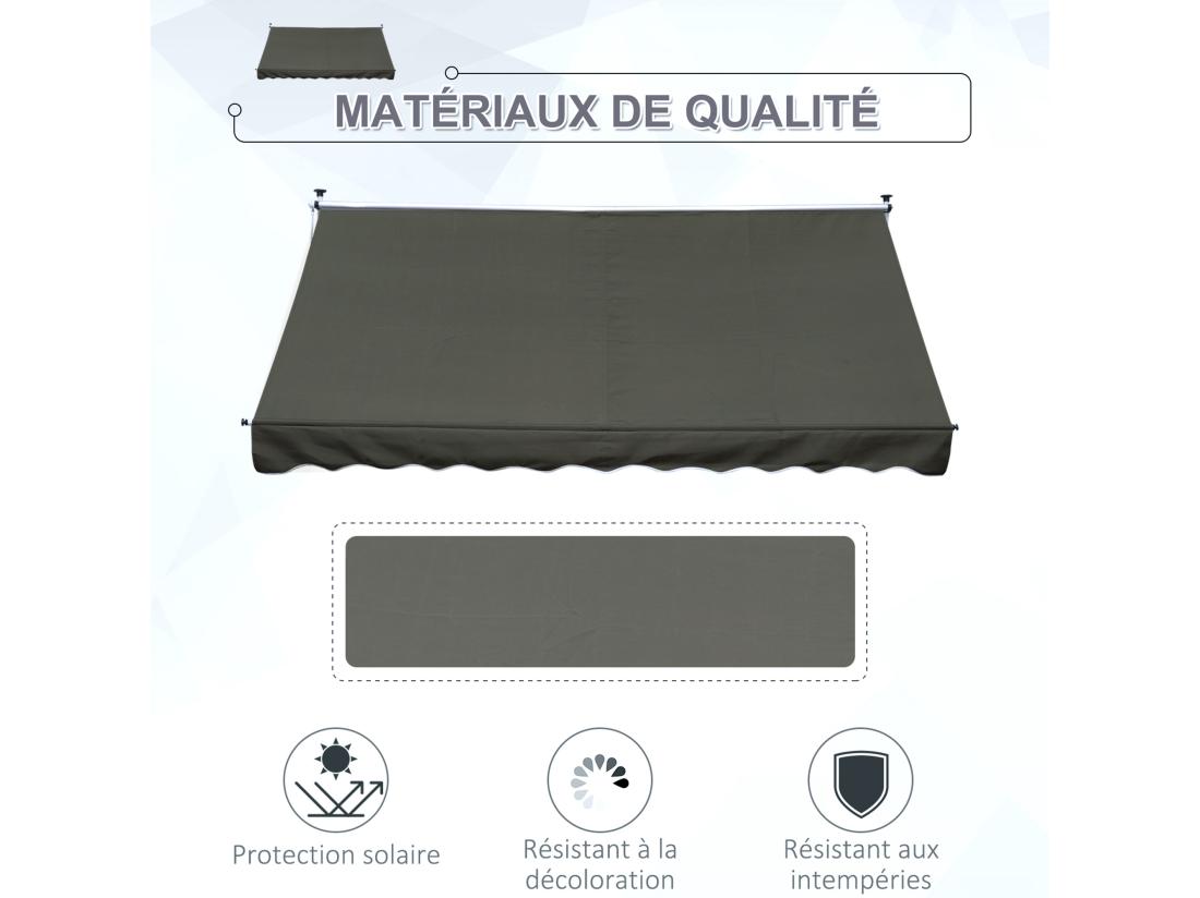 Vente Unique Store Banne Manuel Rétractable 3L X 1 5l M Inclinaison Et Hauteur Réglable Installation Rapide Métal Alu Polyester Anti-UV Gris