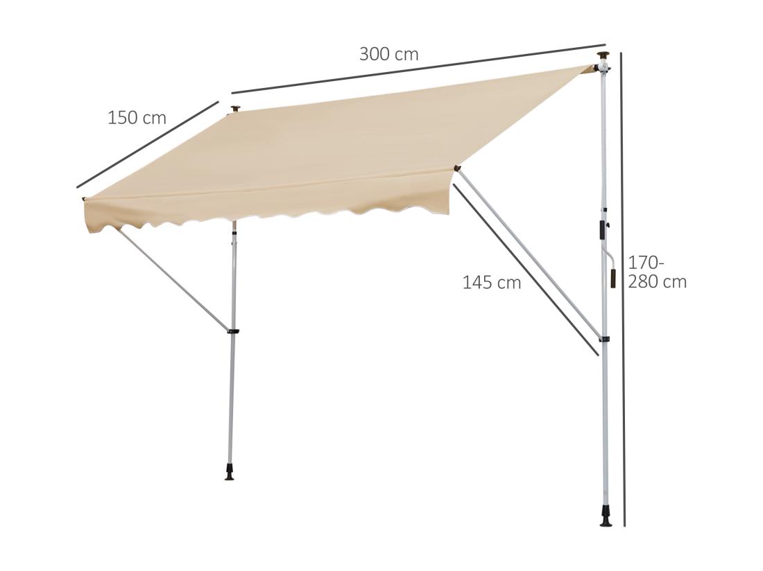 Vente Unique Store Banne Manuel Rétractable 3L X 1 5l M Inclinaison Et Hauteur Réglable Installation Rapide Métal Alu Polyester Anti-UV Beige
