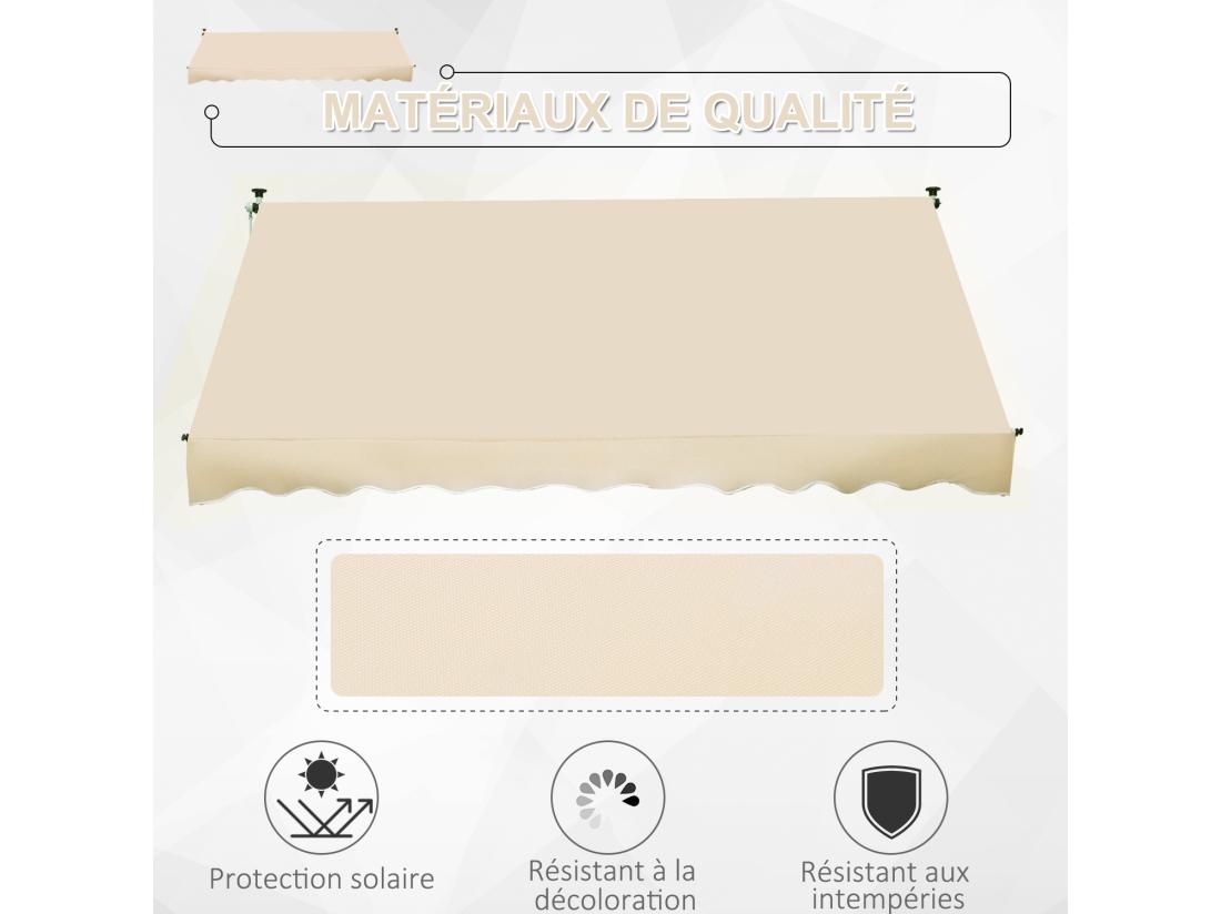 Vente Unique Store Banne Manuel Rétractable 3L X 1 5l M Inclinaison Et Hauteur Réglable Installation Rapide Métal Alu Polyester Anti-UV Beige