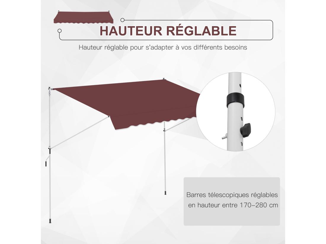 Vente Unique Store Banne Manuel Rétractable 3L X 1 5l M Inclinaison Et Hauteur Réglable Installation Rapide Métal Alu Polyester Anti-UV Bordeaux