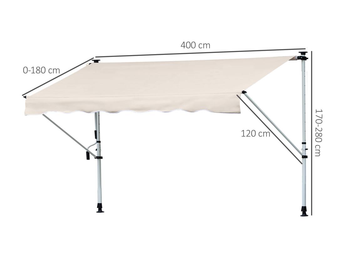 Vente Unique Store Banne Manuel Rétractable 4L X 1 2l M Inclinaison Et Hauteur Réglable Installation Rapide Métal Alu Polyester Anti-UV Crème