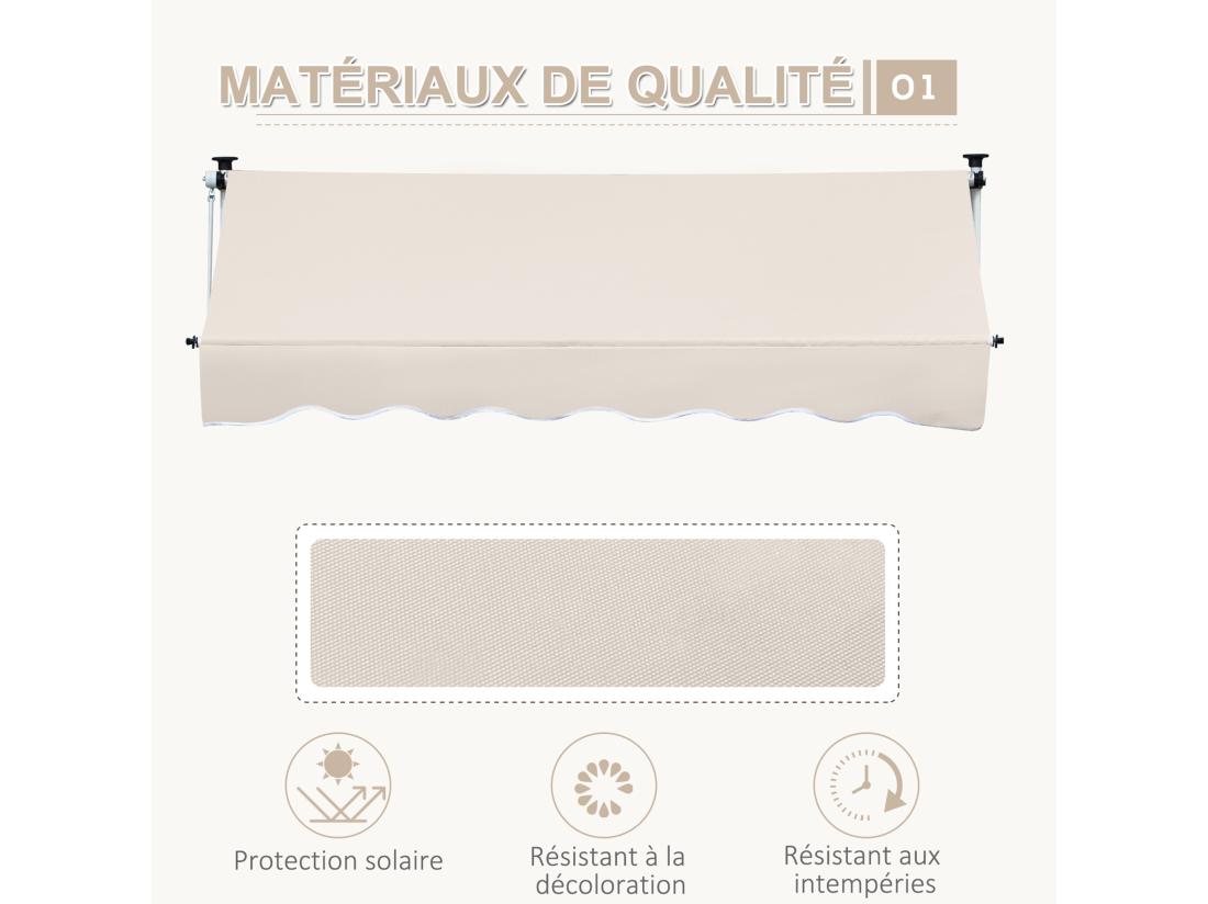 Vente Unique Store Banne Manuel Rétractable 4L X 1 2l M Inclinaison Et Hauteur Réglable Installation Rapide Métal Alu Polyester Anti-UV Crème