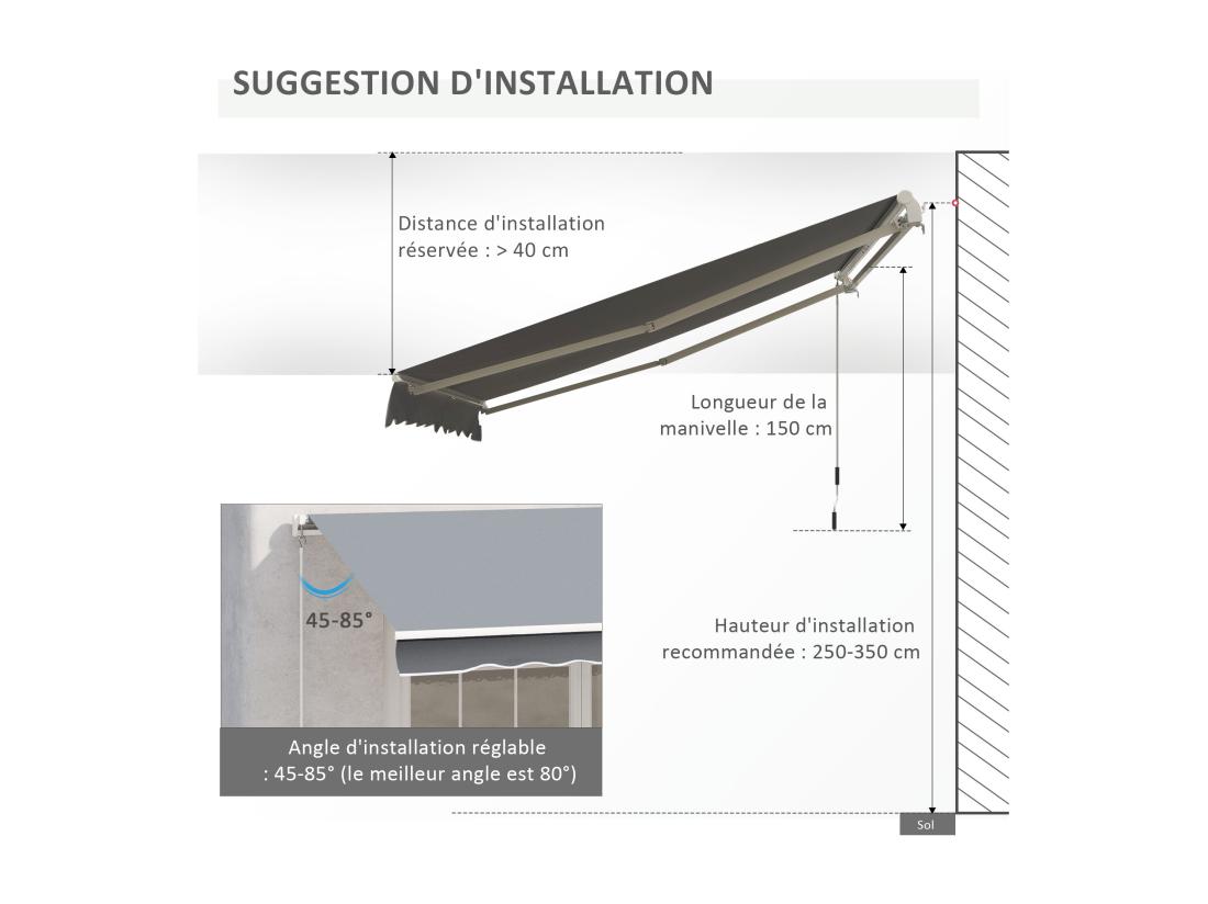 Vente Unique Store Banne Manuel Rétractable Aluminium Polyester Imperméabilisé 3L X 2 5l M Gris