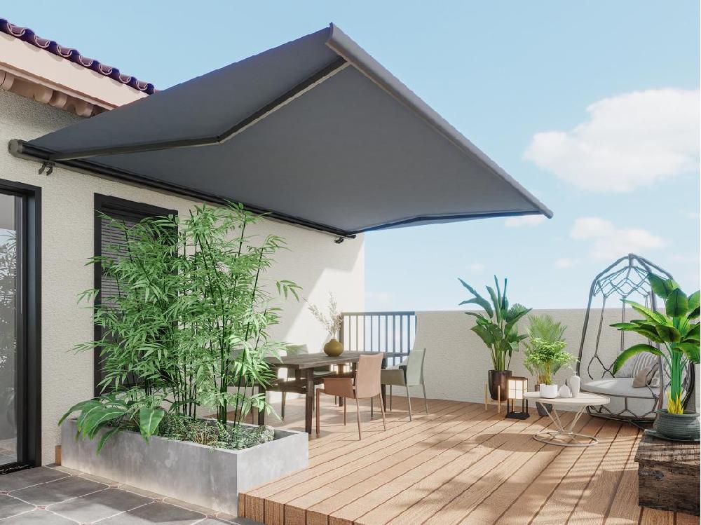 vente unique Store banne motorisé avec coffre intégral 5 x 3 m anthracite - CONSTELA