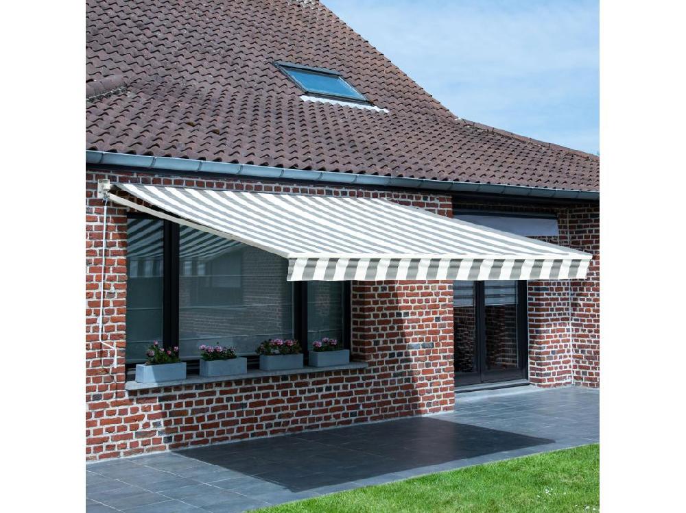 Vente Unique Store Banne SAULE 3 95 × 3m - Toile Rayée Blanche/grise Et Structure Blanche - HAPPY GARDEN