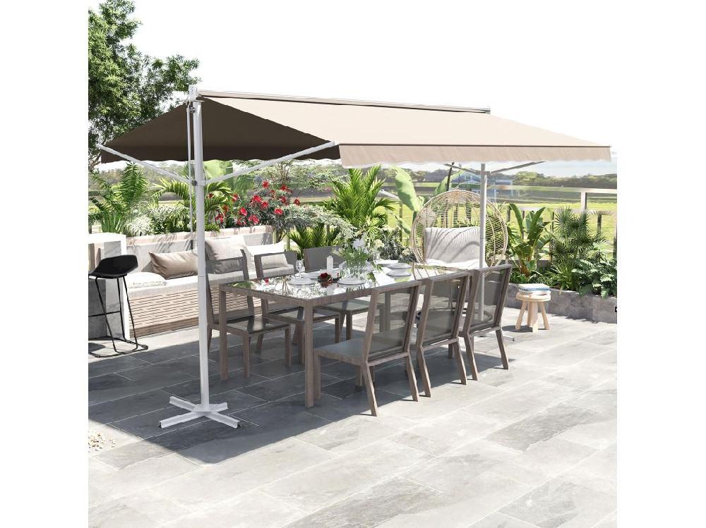 Vente Unique Store Double Pente Manuel Rétractable Inclinaison Réglable Métal époxy Blanc Polyester Imperméabilisé Anti-UV Beige Dim. 3 95L X 2 98l X 2 55H M