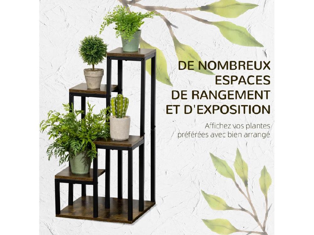 Vente Unique Support à Fleurs Style Industriel 5 Niveaux - Porte Plante 4 étagères - Acier époxy Noir Aspect Bois Foncé