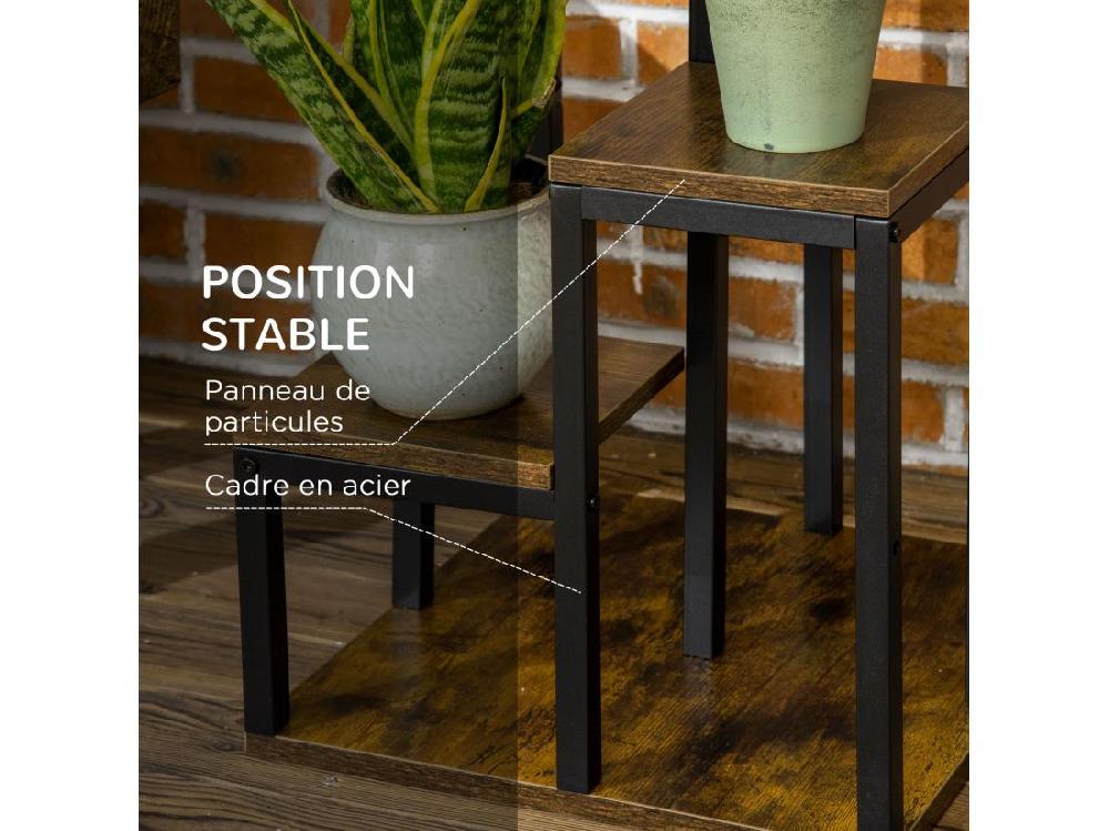Vente Unique Support à Fleurs Style Industriel 5 Niveaux - Porte Plante 4 étagères - Acier époxy Noir Aspect Bois Foncé