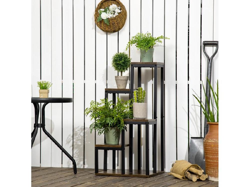 Vente Unique Support à Fleurs Style Industriel 5 Niveaux - Porte Plante 4 étagères - Acier époxy Noir Aspect Bois Foncé