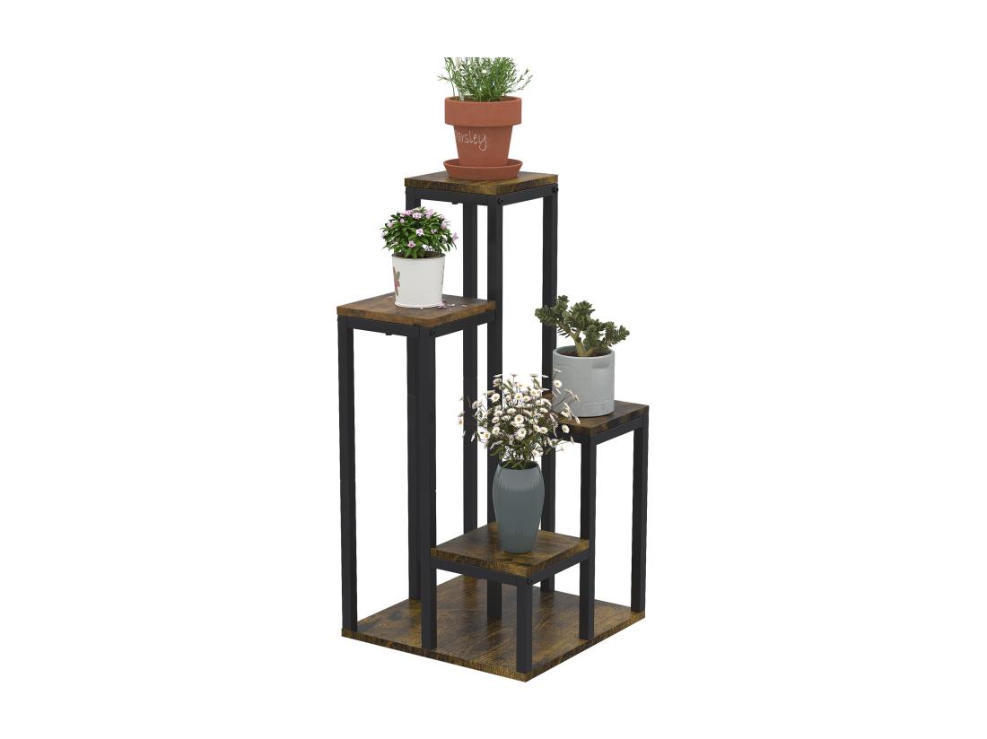 vente unique Support à fleurs style industriel 5 niveaux - porte plante 4 étagères - acier époxy noir aspect bois foncé