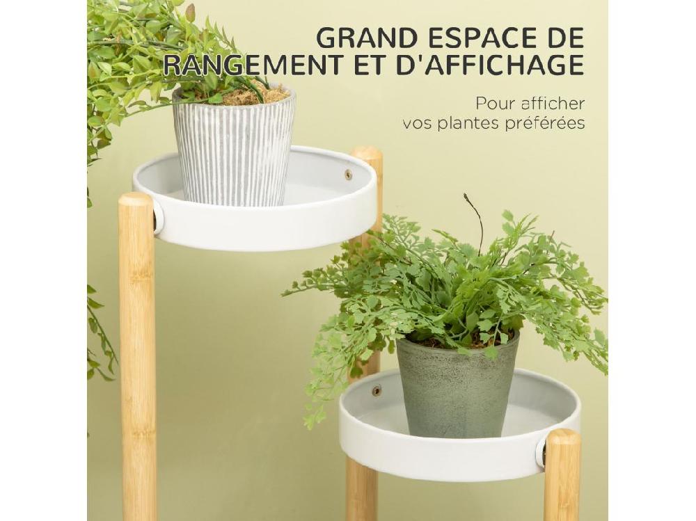 Vente Unique Support à Fleurs Style Scandinave 4 Niveaux - Porte Plante 4 étagères - Bois Bambou Verni Métal Blanc